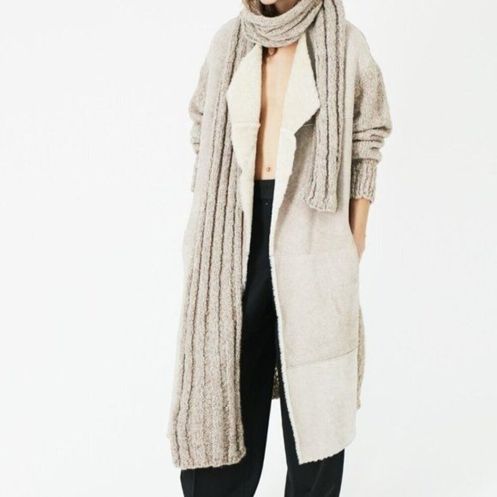 Liven Size 14 Long Lamb Leather and Wool Shearling Long Coat Detachable Scarf